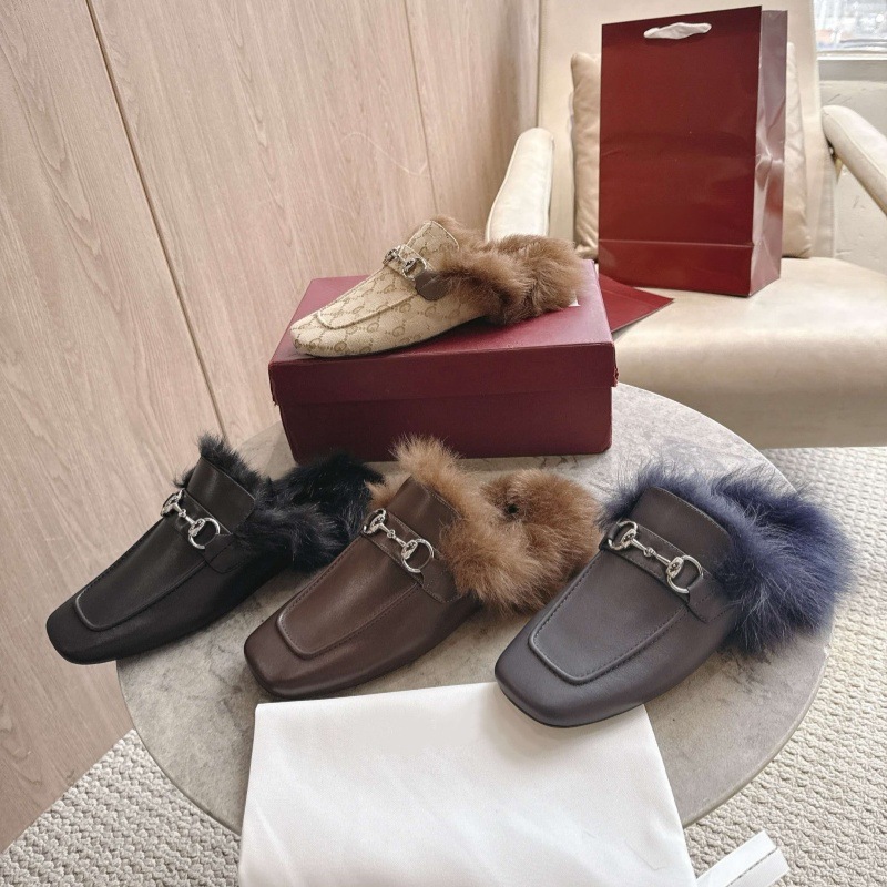 Cross-border 26 new autumn and winter outdoor slippers, fashionable soft-soled furry mules with toe cover, half-slippers with horsebit buckle