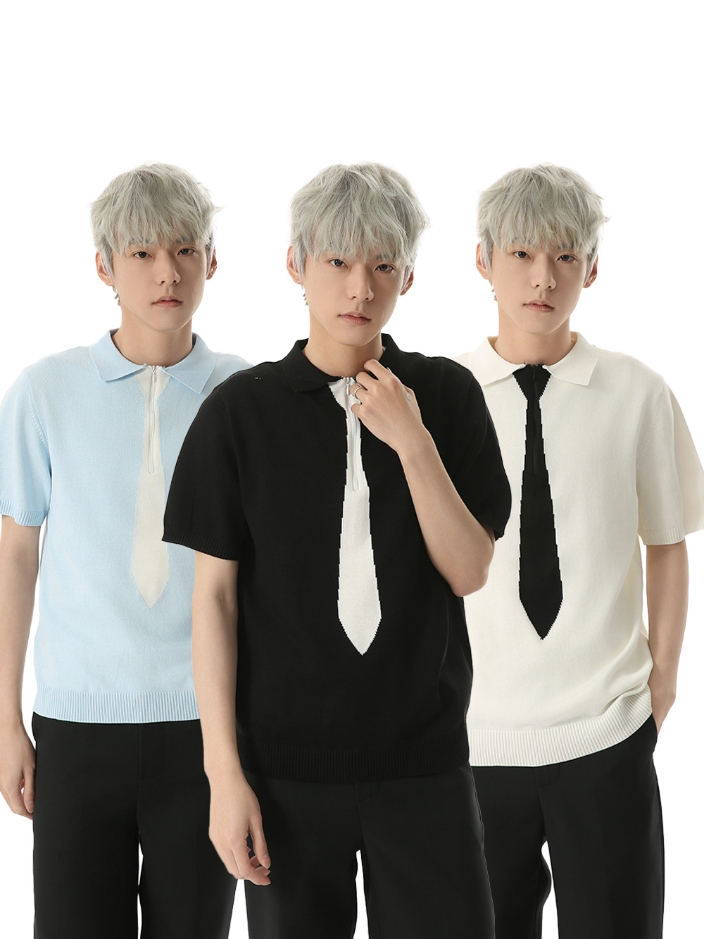 MTLCLOTHES Hombres| Nuevo nicho falso corbata diseño solapa perezosa camisa de punto de contraste de alto nivel de manga corta