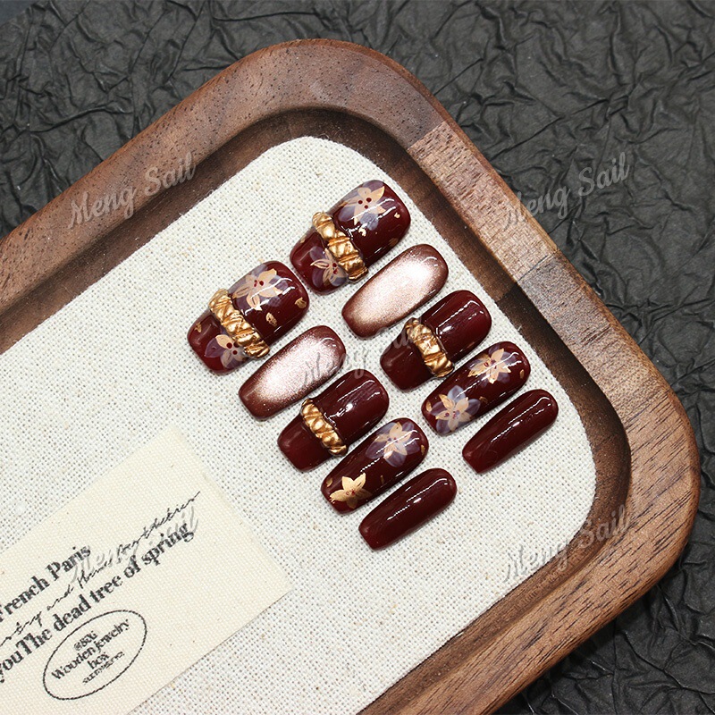 【Vintage Gold Flower】Purely Handmade Wearable Nails, Finished Fake Nail Patches, Cat-Eye Colorful Flower Gradient Nail Art