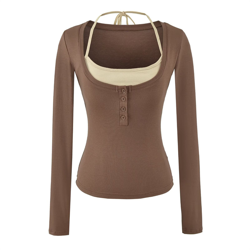 Retro layered look, stylish Lyocell U-neck long-sleeve T-shirt for women, slim-fit, trendy early autumn vest top, two-piece set, new style Retro layered look, stylish Lyocell U-neck long-sleeve T-shirt for women, slim-fit, trendy early autumn vest top, two-piece set, new style