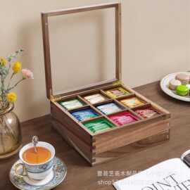 跨境实木翻盖茶包收纳盒亚克力透明顶部木质茶包咖啡包收纳盒
