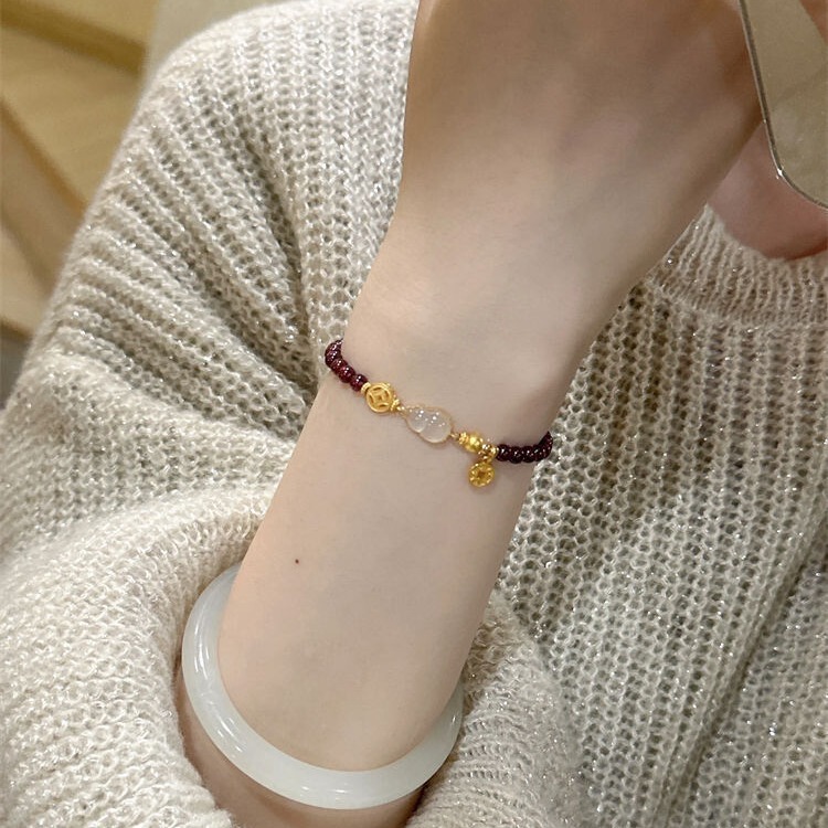 New Chinese-Style Light Luxury Imitation Garnet Ice-Clear Gourd Bracelet for Women, National Trend Palace Style Bracelet, Niche Design Hand Jewelry