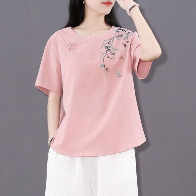 文学レトロな綿とリネンの Tシャツ女性のためのルーズ中国禅茶服ボタンショートトップ夏の中国風の女性の服|undefined