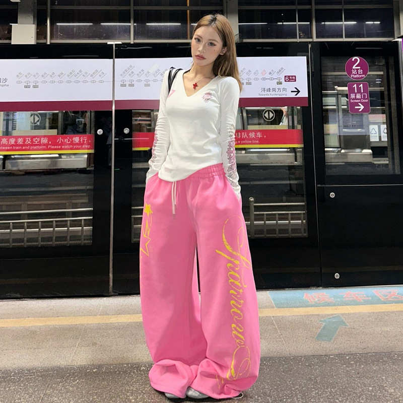 American-Style Star Letter Print Elastic Waist Wide-Leg Casual Pants for Women Y2K Versatile Drapey Floor-Length Jazz Scimitar Pants