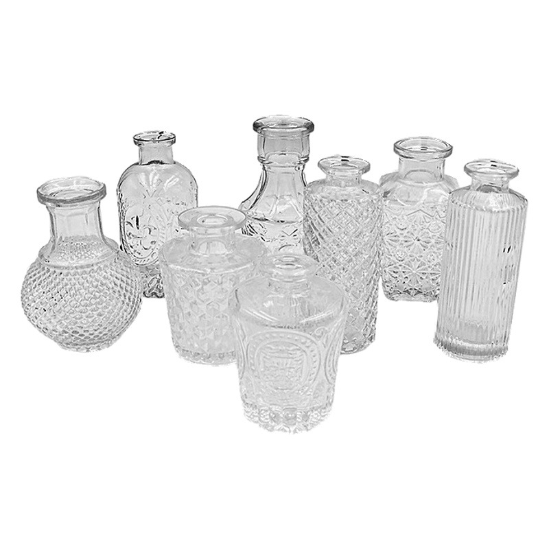 French Vintage Glass Small Vase Embossed European Small Caliber Mini Vase Dried Flowers Flower Arrange Flower Apparatus Water Cultivation