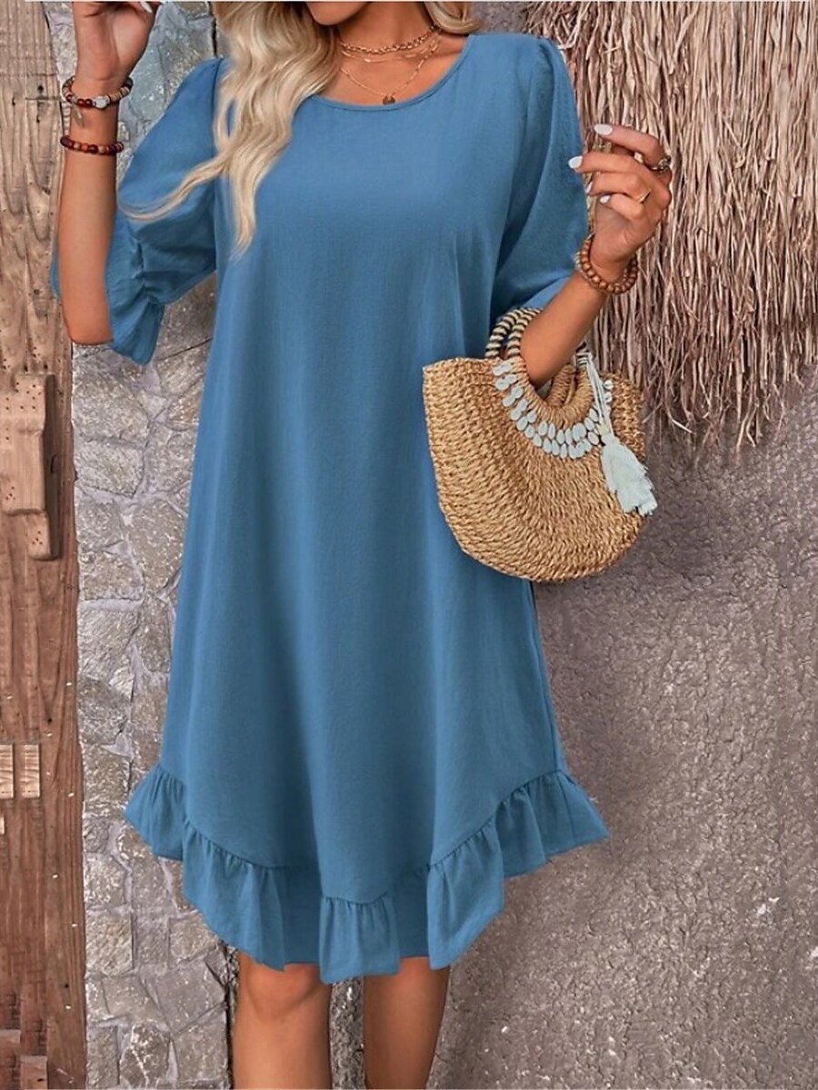 350g Weight Knee-Length Dress Length Type Wholesale Women's Simple Style Ruffles Solid Color Daily Round Neck Half Sleeve Regular Dress