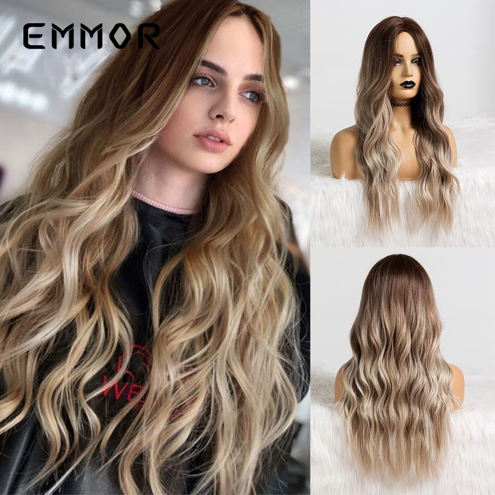 Nueva peluca de estilo europeo y americano transfronterizo, temperamento femenino, diosa, degradado, rollo largo marrón, stock de fábrica, cubierta completa