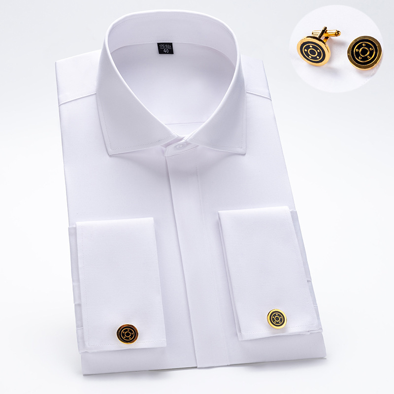 Men's French-style cufflinks shirt men's long-sleeved Windsor collar hidden buckle bamboo fiber double-fold sleeve business formal white shirt