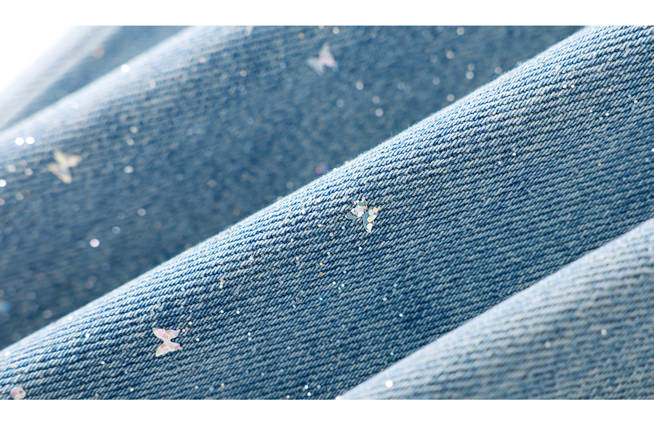 Quần jean nữ ống rộng cạp cao chất cotton mài trắng phối sequin bướm — xanh lam chi tiết 28