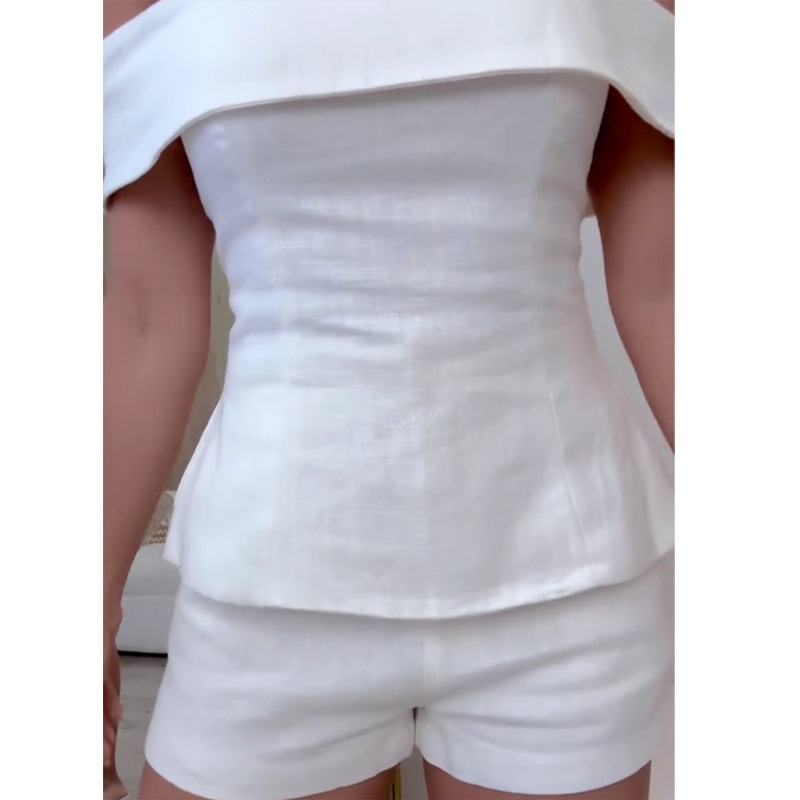 White Tube Top One-Shoulder Sleeveless Side Slit Slim Shirt + Loose Straight Casual Pants Suit for Women White Tube Top One-Shoulder Sleeveless Side Slit Slim Shirt + Loose Straight Casual Pants Suit for Women