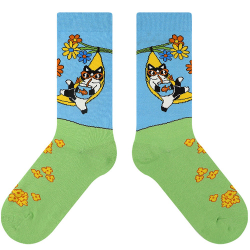 Cartoon socks for women spring and summer new original cute meow sweat-absorbent and deodorant mid-calf socks ins trendy socks wholesale