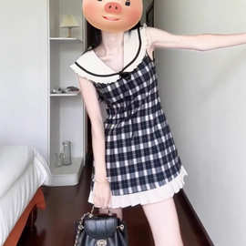 设计感减龄夏季黑白格无袖连衣裙女外穿海军领少女遮肚子显瘦短裙