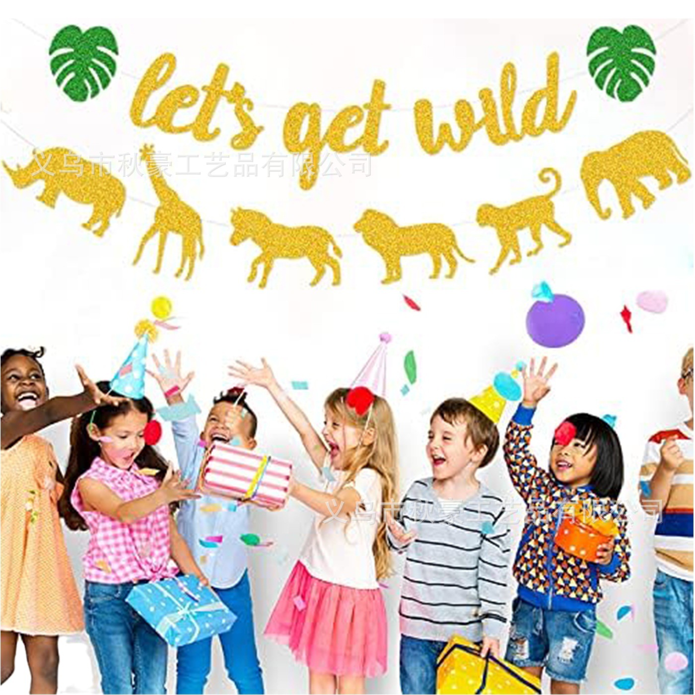 Bosque Jungle Animal Party Wild One Party Decoración de cebollas doradas Banderas Anniversario Fiesta de cumpleaños