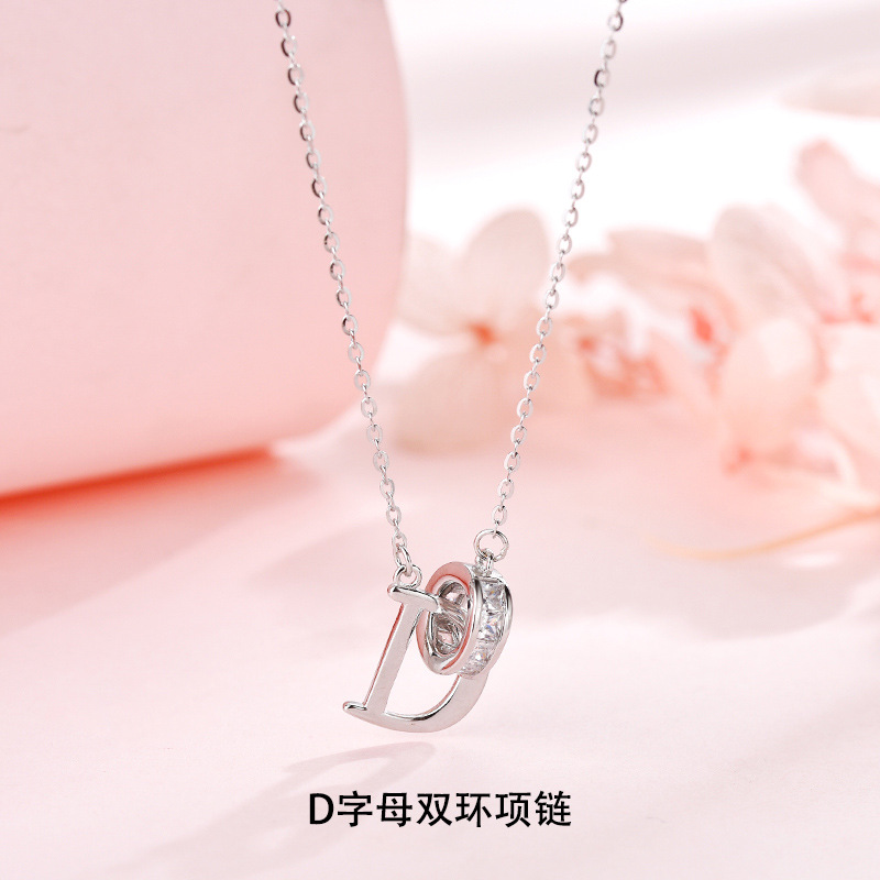 S925純銀D字母鑲鑽雙環項鍊女小眾設計感輕奢吊墜百搭批發鎖骨鏈