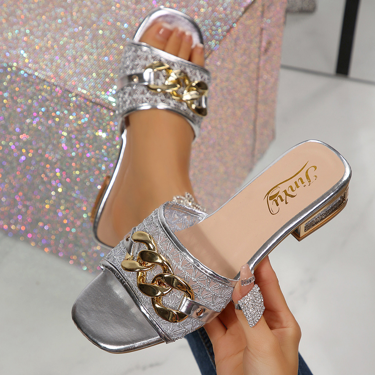 Sandalias Mules de Punta Cuadrada de Cuero Sintético con Tacón Ancho para Verano