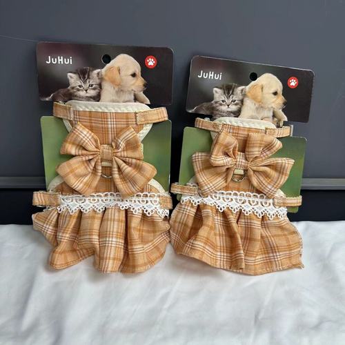 Pet Leash Small Grid Bowknot Princess Dress Cat and Dog Rope Chest and Back Rope