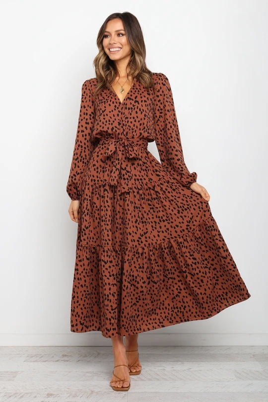 v-neck leopard print long-sleeved loose dress NSHFC136589