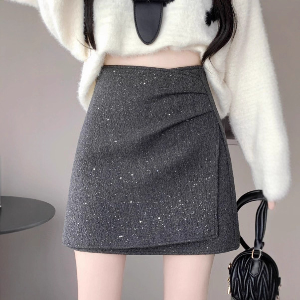 Korean Style Sequined Woolen Skirt for Girls in Autumn and Winter New High-Waisted Anti-Exposure Asymmetrical A-Line Hip-Hugging Short Skirt