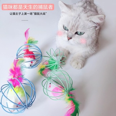 猫玩具球 彩漆铁丝彩色毛绒老鼠 囚笼中鼠猫咪玩具用品批发