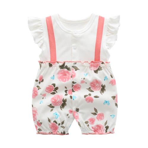 Cross-border  new short-sleeved rompers, boxer-angle fake two-piece suspenders, short-sleeved, small flying sleeves, baby jumpsuit