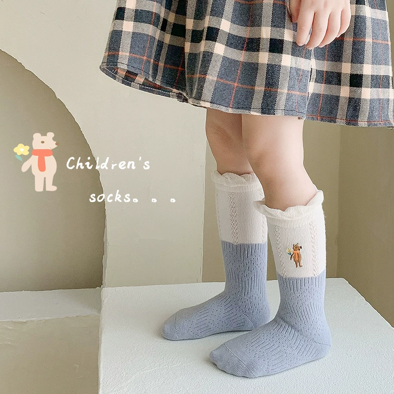 Autumn cartoon knee socks, with little bears, with embroidery, Korean style, mid-length, wholesale