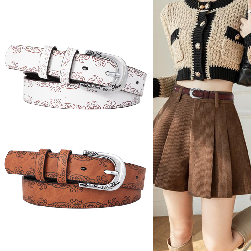 Cinturón Grabado Estilo Étnico para Mujer de Cuero PU con Hebilla de Aguja para Jeans
