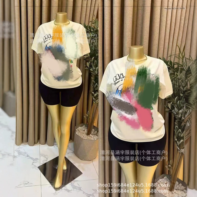 Za Trendy Brand Apricot-Colored Pure Cotton Beach Cartoon Print Cross-Border Foreign Trade Loose T-Shirt Round Neck African European and American Style Top