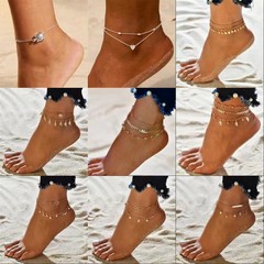 歐美款跨境流行沙灘時尚多層腳鏈  波西米亞風簡約設計感雙層腳飾