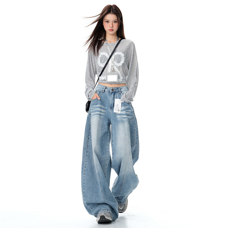 Light Blue High Street Loose Wide-Leg Jeans for Women, Trendy New High-Waisted American-Style Design with a Draping Effect, Curved Pants