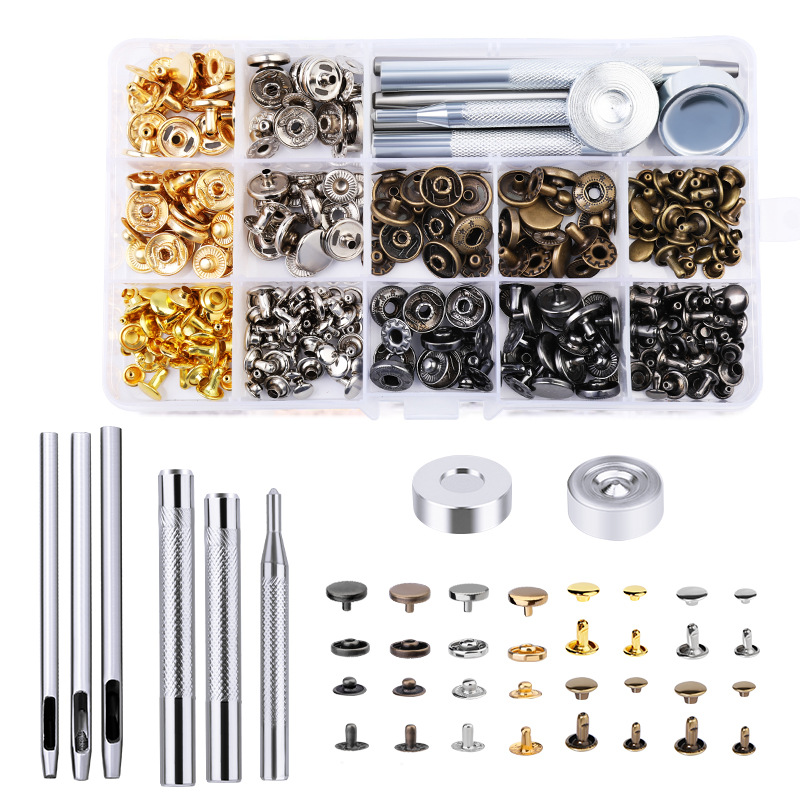 Metal transfronterizo de cuatro cierre remache + conjunto de herramientas de montaje 633 botones chaqueta vaqueros chaqueta de plumón redonda