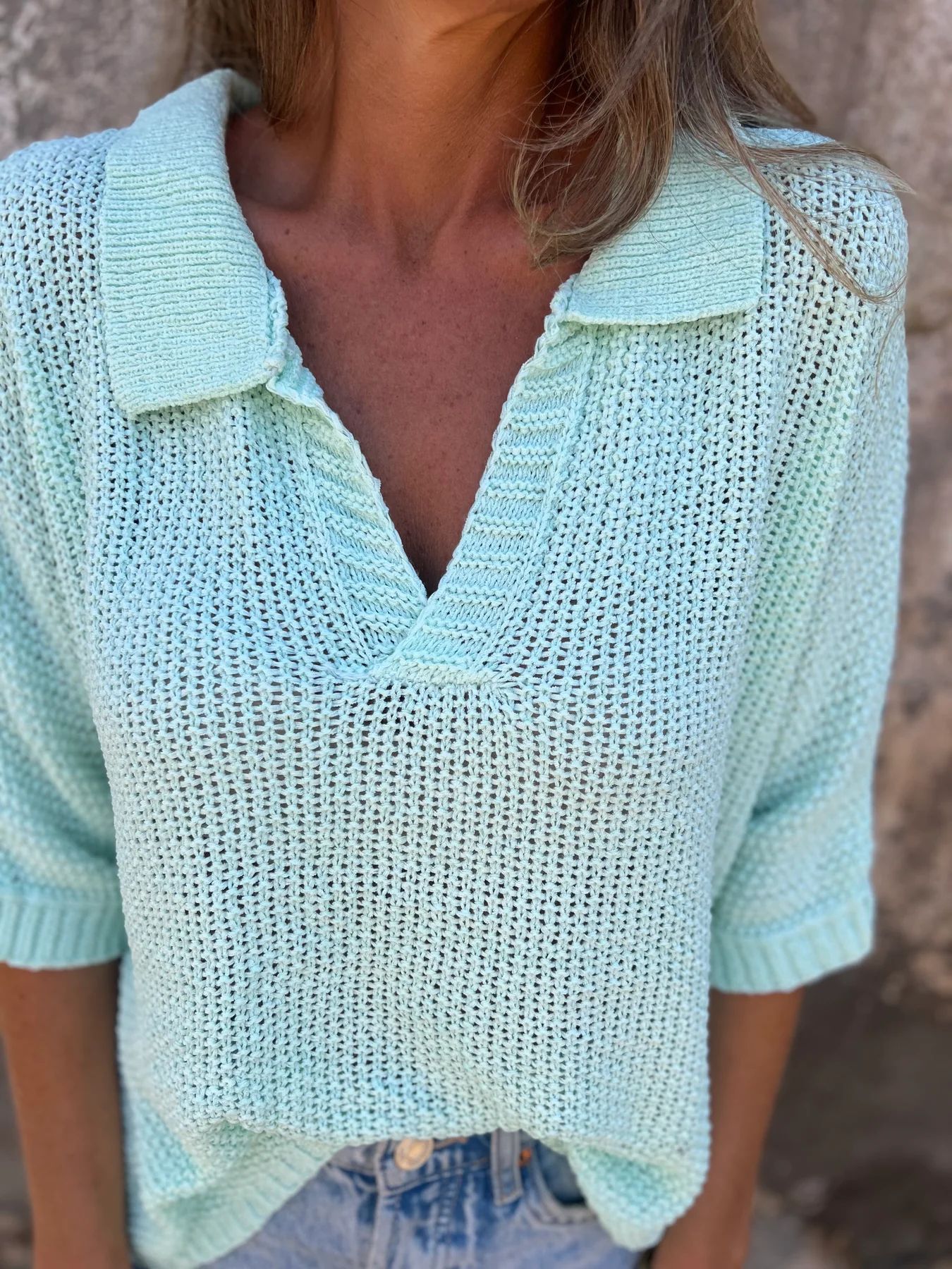 Damen-Sommer-Strickpullover mit Kragen, Dreiviertelärmeln, einfarbig_voghion.com