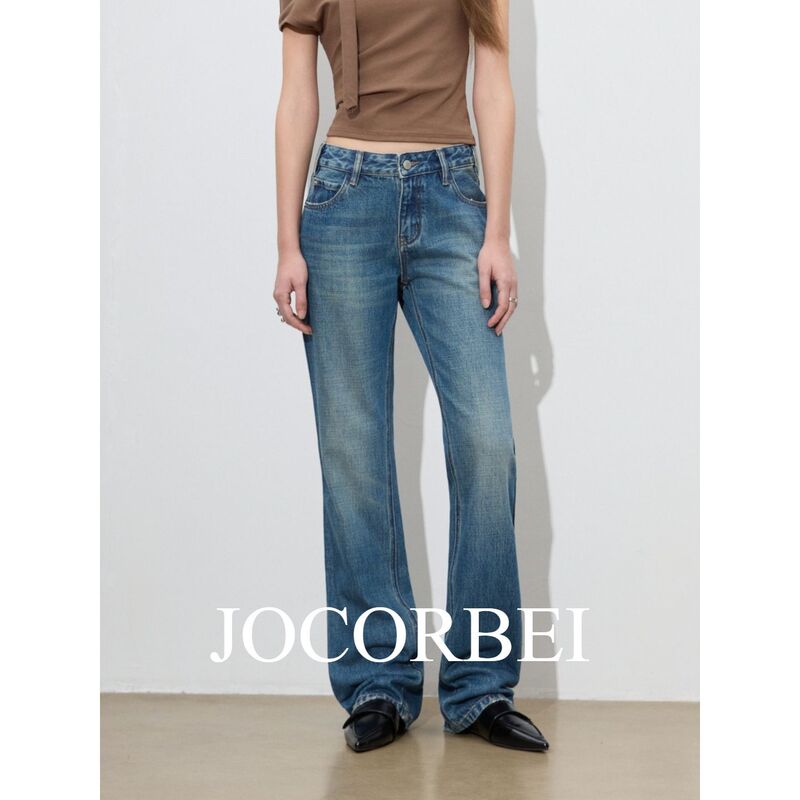 Jocorbei【Low-Waist Straight-Leg Pants】Women's Jeans Retro Washed Street Style Straight Wide-Leg Pants Long Pants