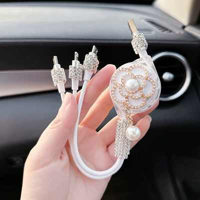Car Charger Fast Charging Cigarette Lighter Light Luxury Car One to Three Multi-Function Telescopic Three-In-One Mobile Phone Data Cable (Mobil şarj cihazları) - pearl-white-camellia-charging-cable-telescopic-three-in-one