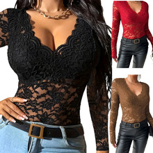 跨境女装欧美女士纯色性感蕾丝上衣欧美新款网纱透视辣妹长袖上衣