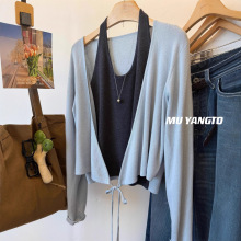 MUYANG 温柔蓝色拼灰背心 绑带假两件针织衫开衫 女假套式毛衣女