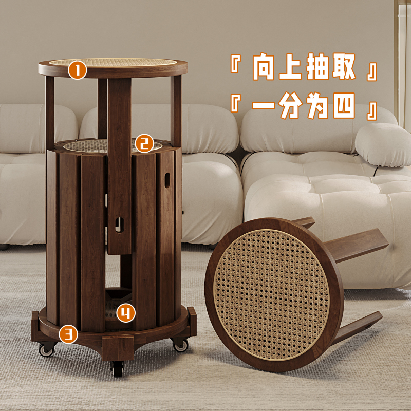 实木凳子家用可叠放备用餐桌板凳创意圆凳中古风藤编叠叠乐组合凳|undefined