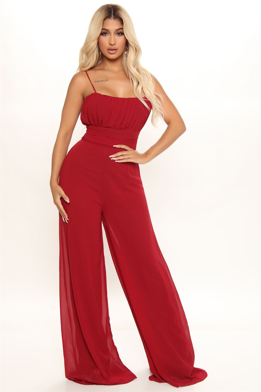 Sling backless lace-up wide-leg Solid Color Chiffon Jumpsuit NSXLY119204