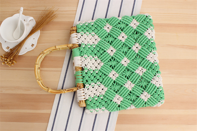 New Bamboo Plaid Straw Lace Hand-held Hand-carried Cotton Rope Woven Bag 30*26cm display picture 3