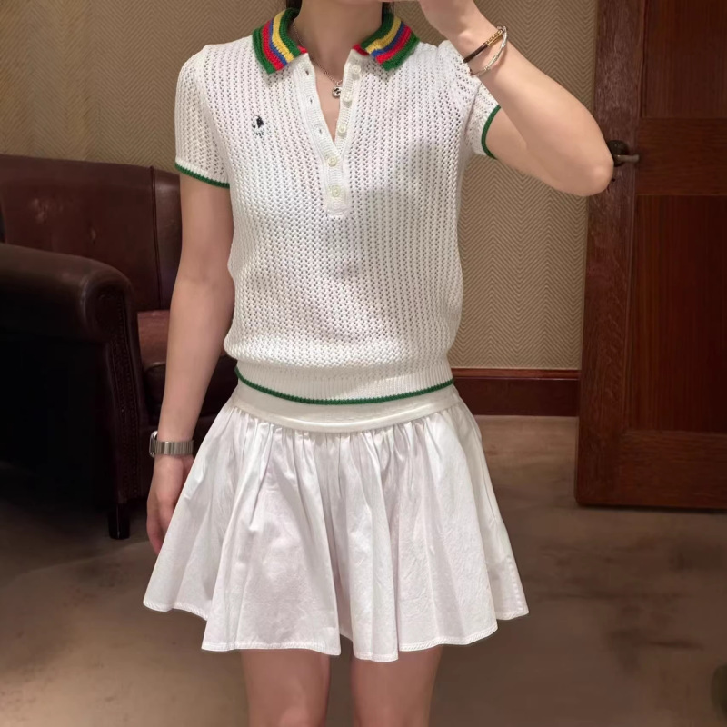 Polo Collar Color-Blocked High-Quality Design Plaid Embroidered Shirt for Women, Summer Slim-Fit Knitted Short-Sleeve Top