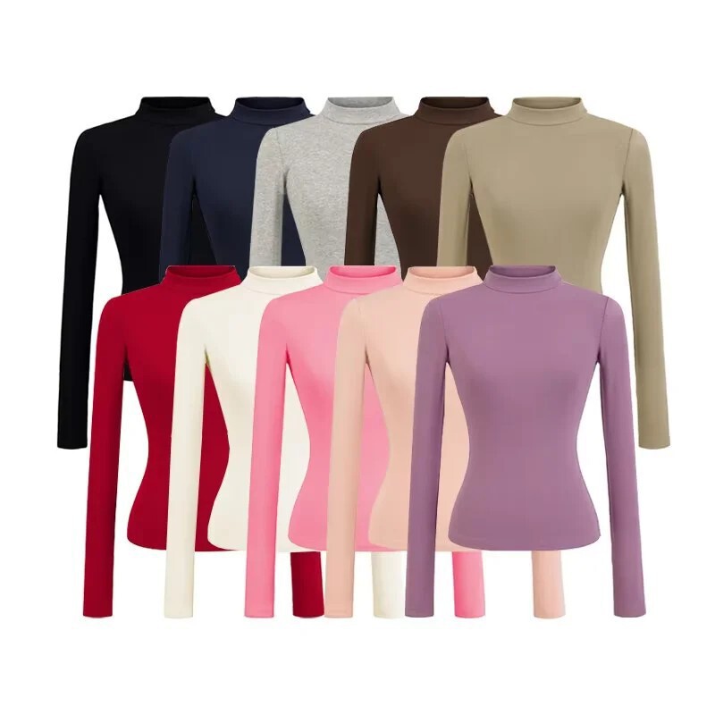Trendy Slim-Fit Half-High Collar Long-Sleeve T-Shirt for Autumn and Winter, Solid Color Top with a Flattering Waist-Cinching Ribbed Base Shirt