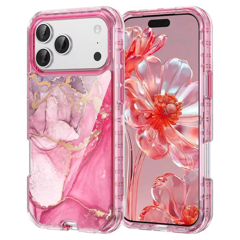 Three-in-one electroplated IMD marble phone case for iPhone 17 Pro Max, 16, 15, 11