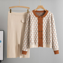 跨境小清新针织套装女2025新款春秋新款绣花毛衣半身包臀裙两件套