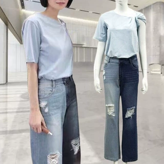王斐同款休闲短袖T恤撞色破洞牛仔裤时尚套装女夏季新款两件套