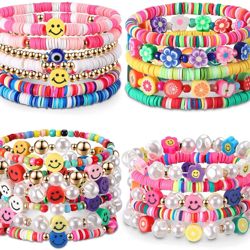 Amazon Hot Sale Imitation Pearl Color Clay Fruit Smiley Beaded Bracelet Soft Pottery Stretch Bracelet Set