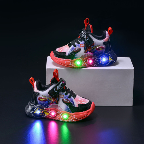 2024 Spring and Autumn New Children's Sports Shoes with Leather Spider-Man LED Sensing Light, Boys' Sports Casual Shoes