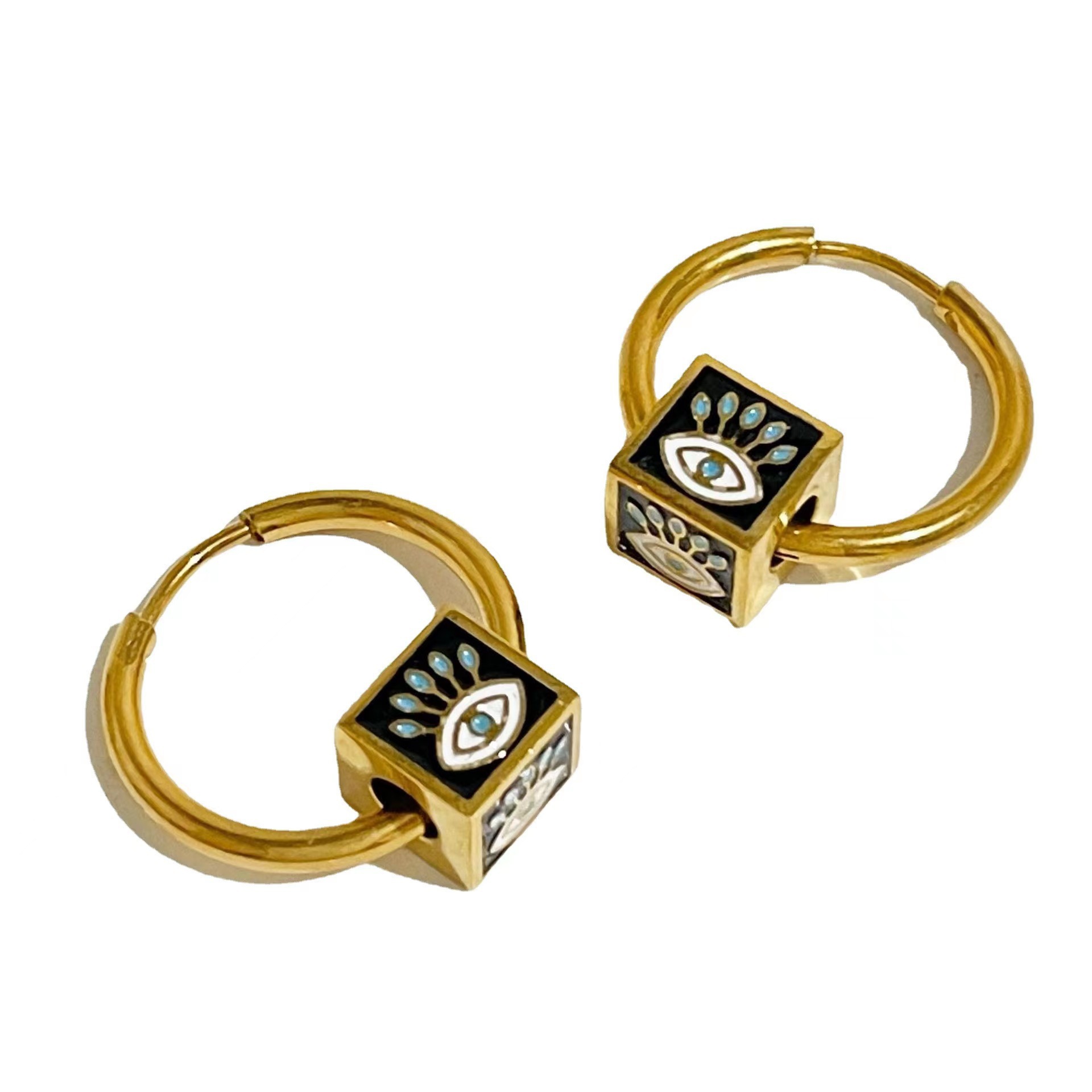 1 Pair Modern Style Devil'S Eye Square Enamel Plating 304 Stainless Steel 18K Gold Plated Hoop Earrings display picture 1