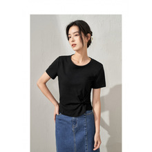 茵曼扭结不规则T恤女士2025年夏季新款气质显瘦别致圆领短袖上衣