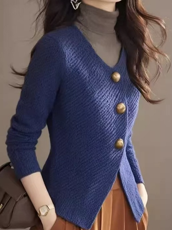 时尚高级感2025年新款冬季女士装法式设计硫酸铜蓝V领长袖针织衫|undefined