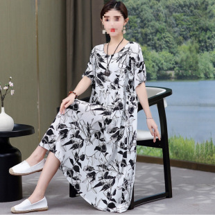 Mom's Summer Cotton Silk Dress Middle-Aged and Elderly New Plus Size Women's Clothing 100kg Artificial Cotton Short-Sleeved Style Skirt
