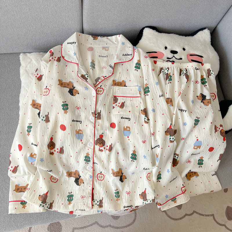 工厂直销云朵棉新款睡衣女长袖长裤开衫翻领卡通大码家居服套装|undefined
